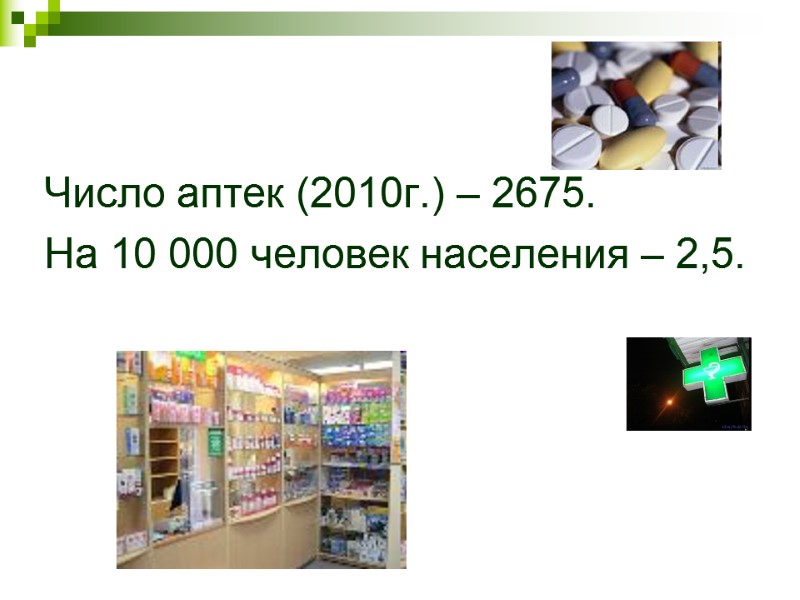 Число аптек (2010г.) – 2675. На 10 000 человек населения – 2,5.